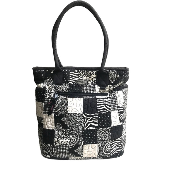 Donna Sharp Black & White Quilted Cotton Patchwork Tote Bag Pink Interior - Picture 1 of 15